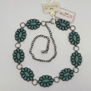 Modern Heritage Chain Belt Women L/XL Turquoise Silver Flower Medallion Boho New